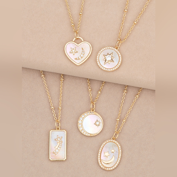 Champagne Gold Necklace with Mother Of Pearl, Heart with Star and Moon - Picture 2 of 4